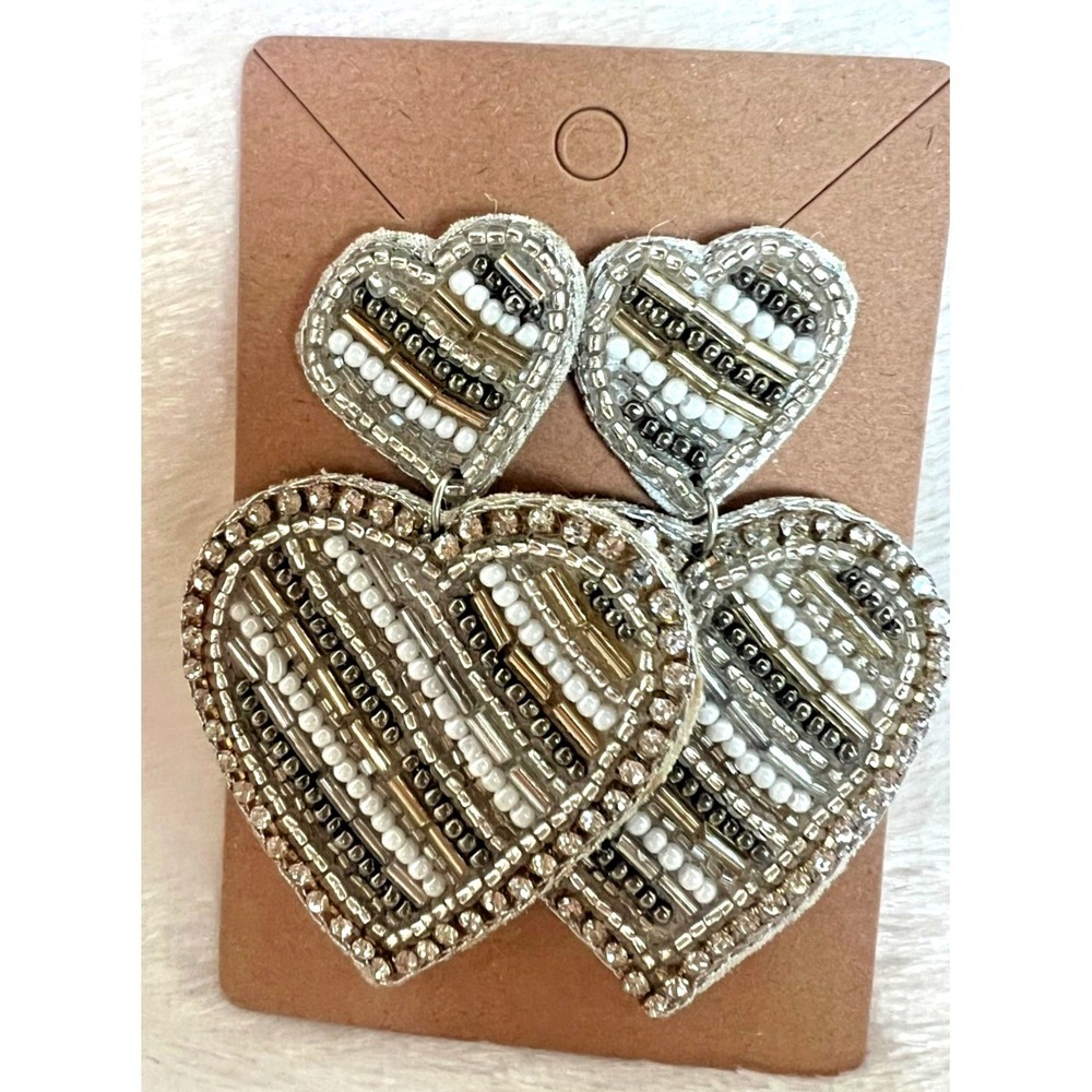 Beaded Heart Statement Earrings White Gray Silver Dangle Glam Romantic Boutique